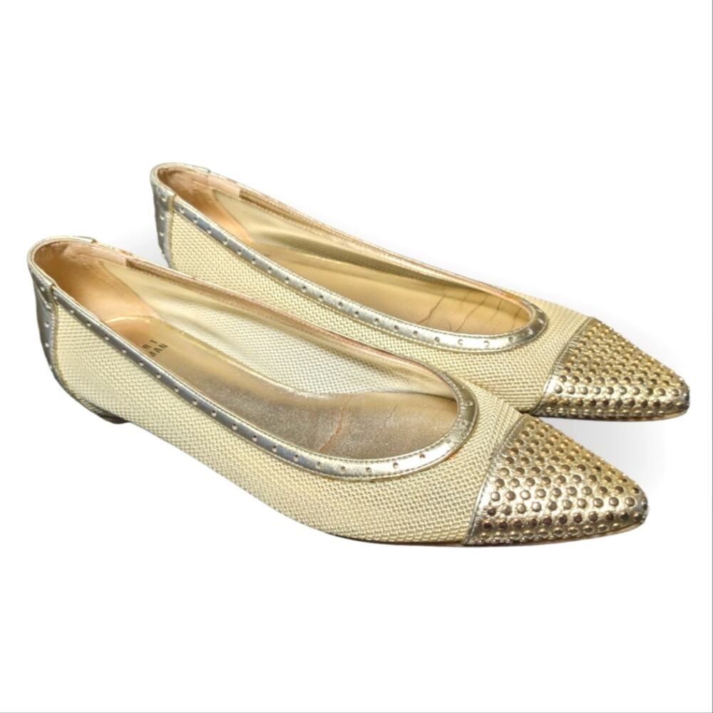 STUART WEITZMAN Women's Gold Leather Studded Cap-toe Mesh Tipper Flats 9.5N